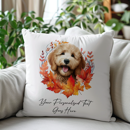 Personalised Golden Doodle in an Autumn wreath - Keepsake Gift cushion, by Floppsie Moppsie – floppsiemoppsie at floppsiemoppsie.co.uk