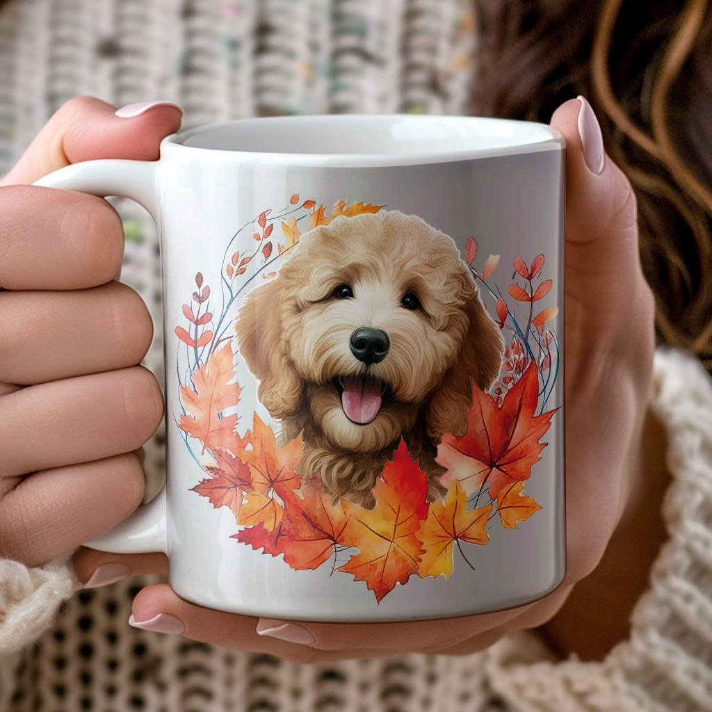 Personalised Golden Doodle in an Autumn wreath - Keepsake Mug, ideal gift for Birthday and Christmas Gift, by Floppsie Moppsie – floppsiemoppsie at floppsiemoppsie.co.uk