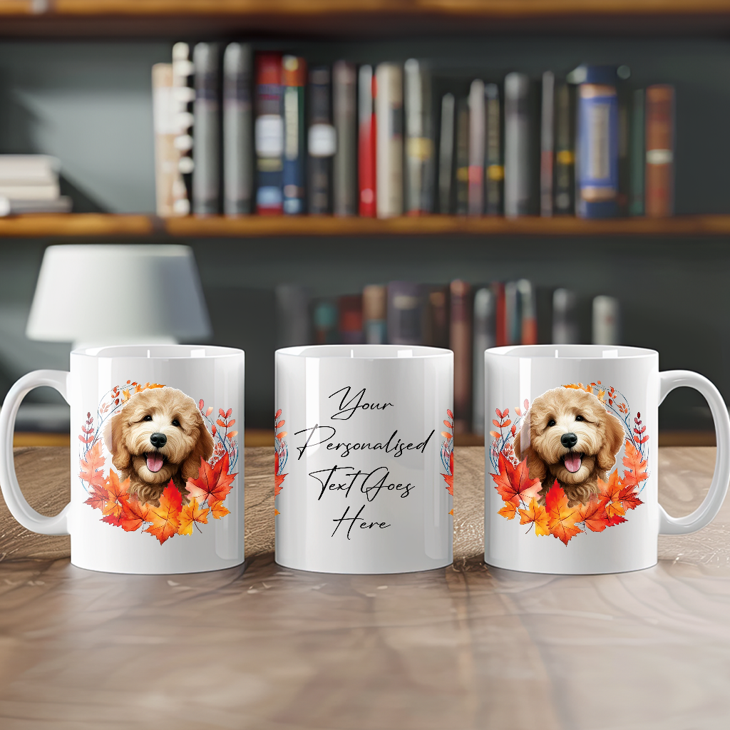 Personalised Golden Doodle in an Autumn wreath - Keepsake Mug, ideal gift for Birthday and Christmas Gift, by Floppsie Moppsie – floppsiemoppsie at floppsiemoppsie.co.uk