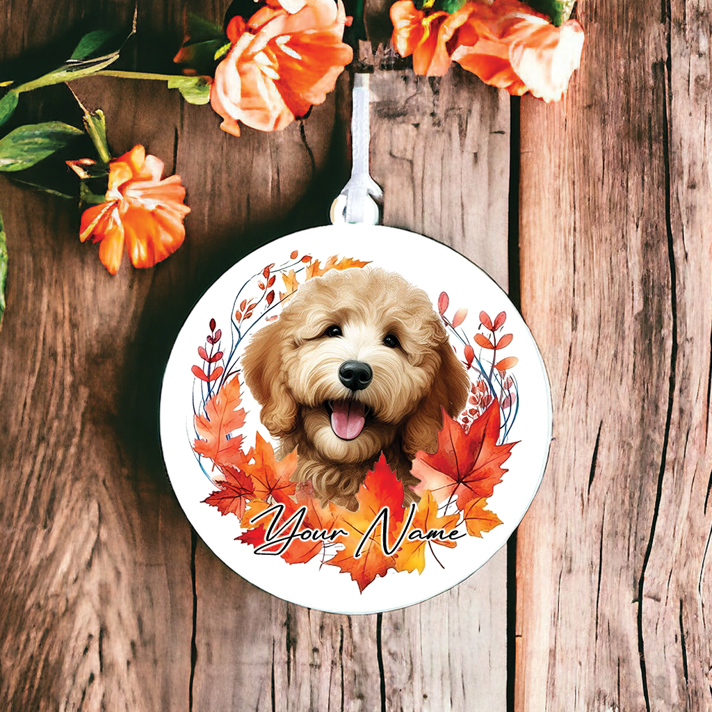 Personalised Dog Golden Doodle in an autumn wreath - Keepsake Gift Hanging Decoration, by Floppsie Moppsie – floppsiemoppsie at floppsiemoppsie.co.uk