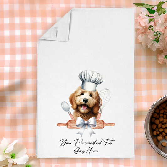 Personalised Dog In Chef Hat Gift Tea Towel - Golden Doodle