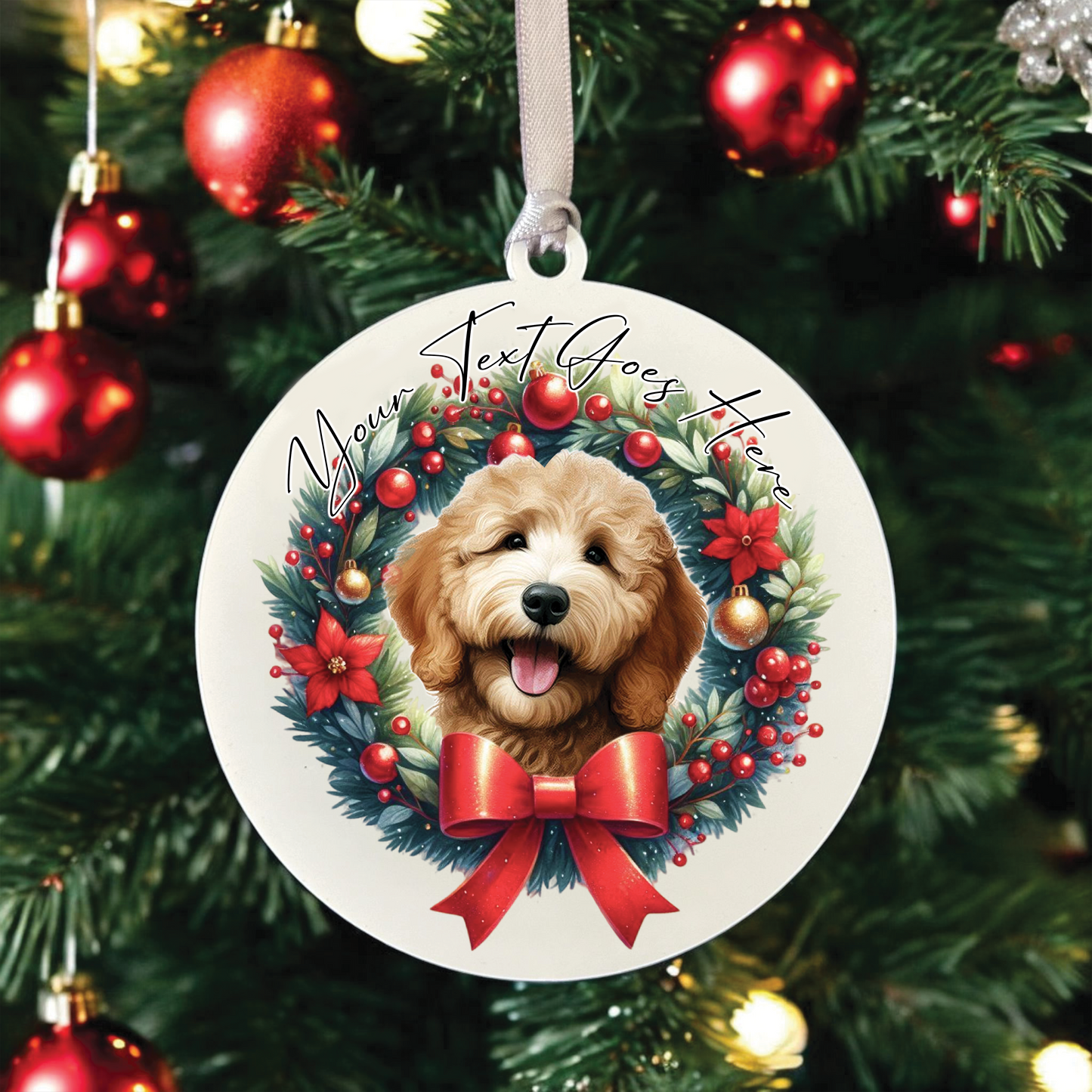 Personalised Golden Doodle Dog Christmas Wreath - Hanging Bauble Decoration