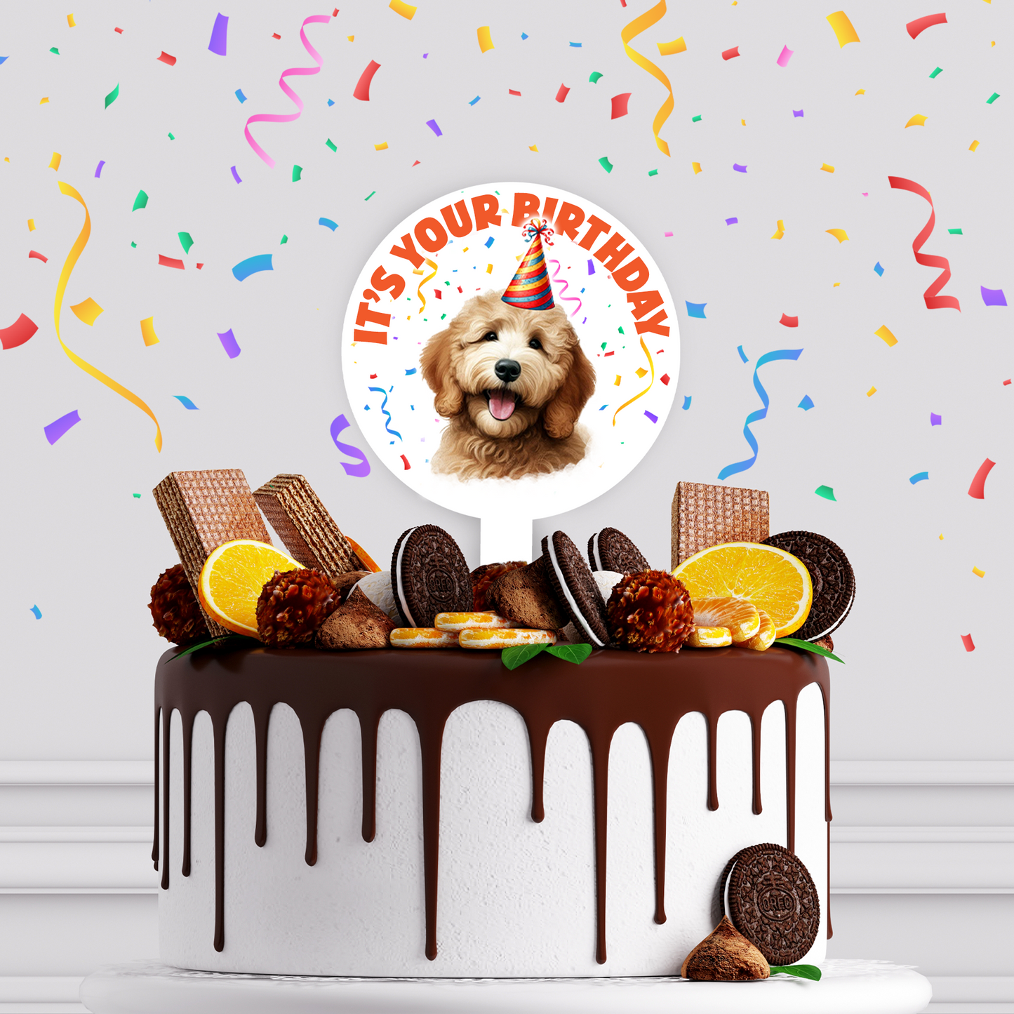 Personalised Dog Party Hat Cake Topper - Golden Doodle