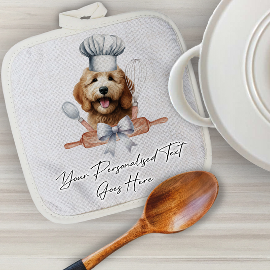 Personalised Dog In Chef Hat Gift Pot Holder / Grab - Golden Doodle