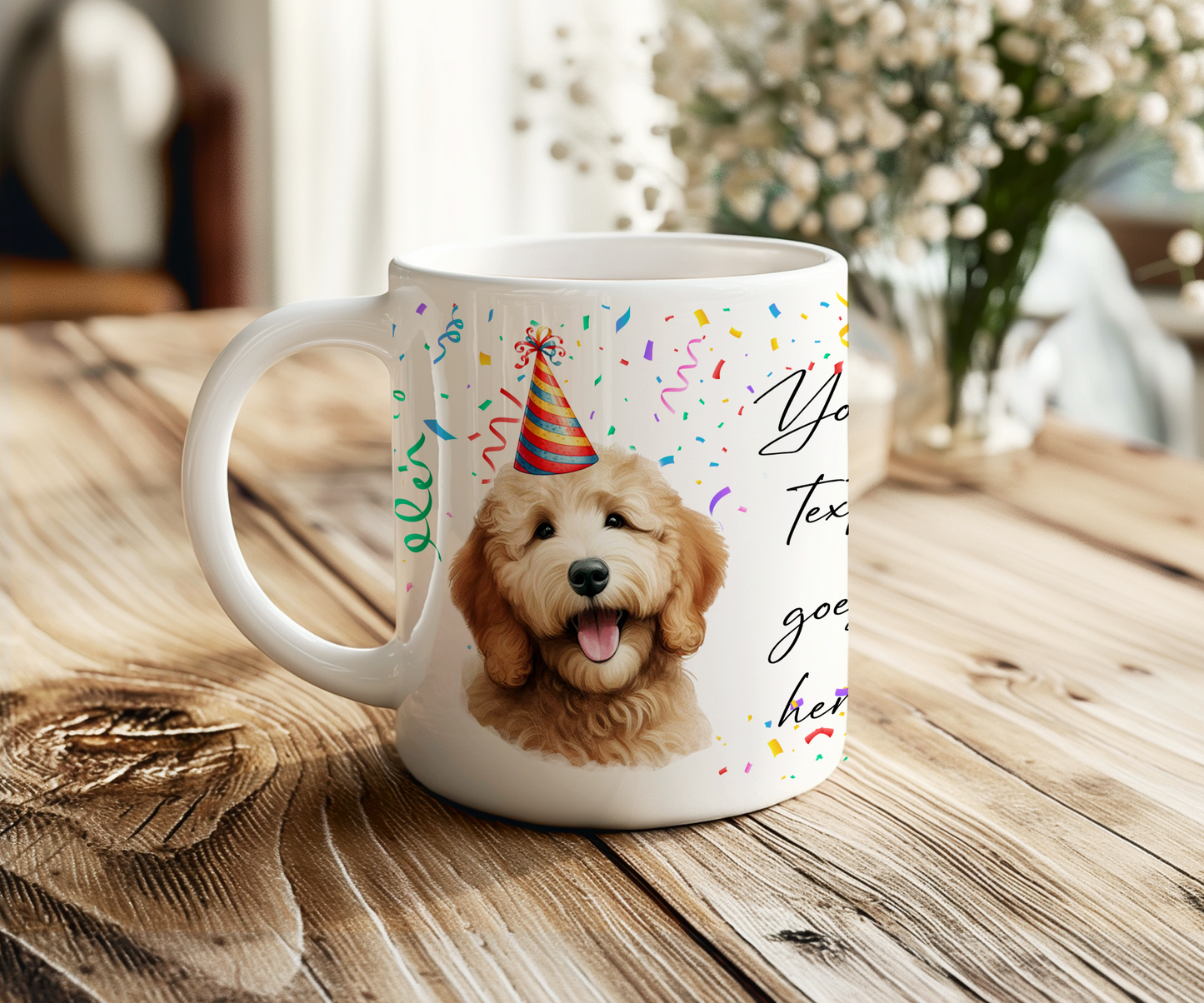 Personalised Dog Gift Mug - Golden Doodle with Birthday Congratulations Party Hat