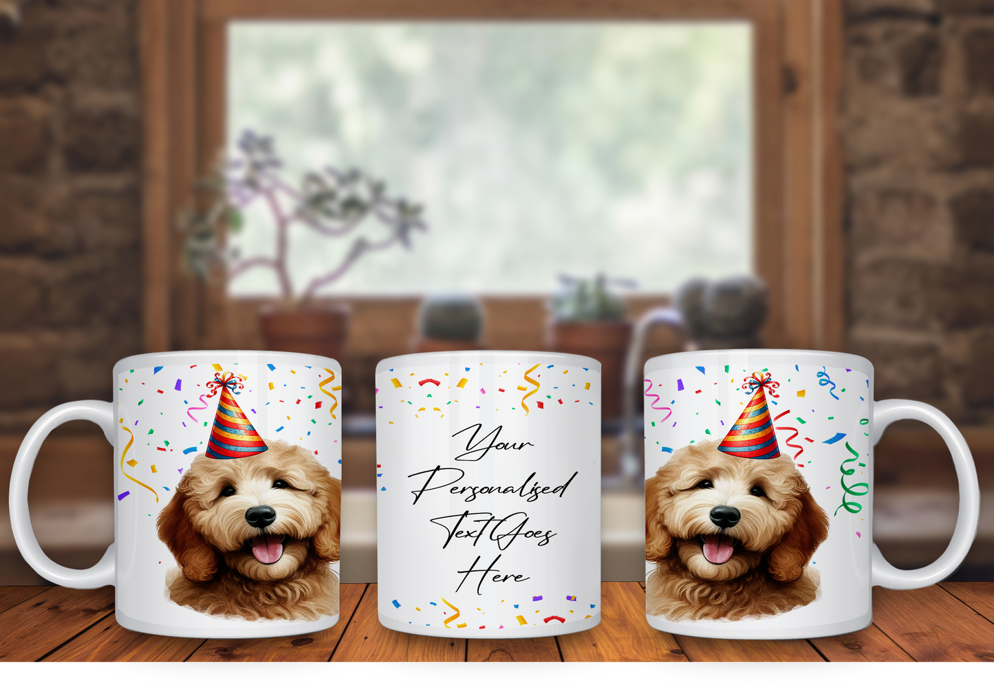 Personalised Dog Gift Mug - Golden Doodle with Birthday Congratulations Party Hat