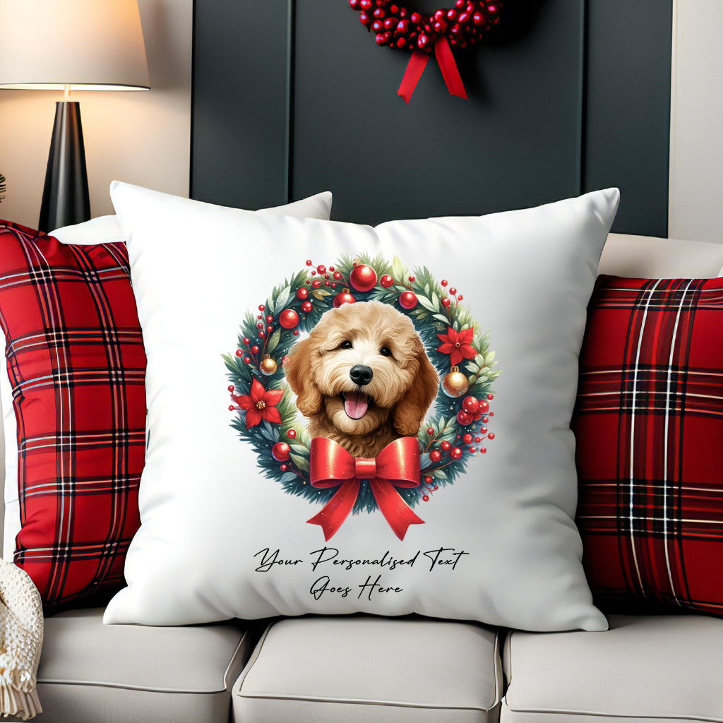 Personalised Golden Doodle in a Christmas wreath - Keepsake Gift cushion, by Floppsie Moppsie – floppsiemoppsie at floppsiemoppsie.co.uk