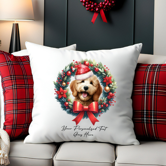 Personalised Golden Doodle with Santa Hat in a Christmas wreath - Keepsake Gift cushion, by Floppsie Moppsie – floppsiemoppsie at floppsiemoppsie.co.uk