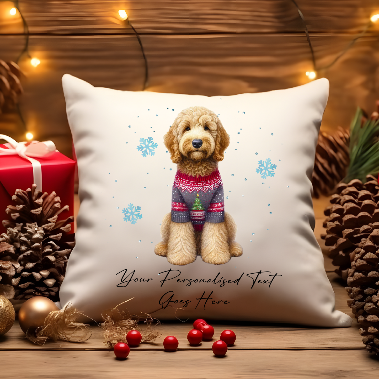 Personalised Golden Doodle Dog Christmas Jumper Cushion Cover Gift