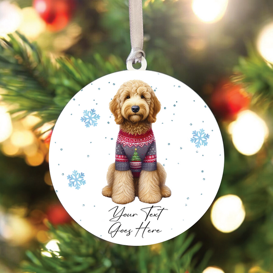 A Personalised Golden Doodle Jumper Dog Hanging Bauble Decoration