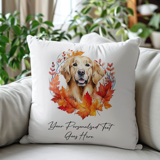 Personalised Golden Retriever in an Autumn wreath - Keepsake Gift cushion, by Floppsie Moppsie – floppsiemoppsie at floppsiemoppsie.co.uk