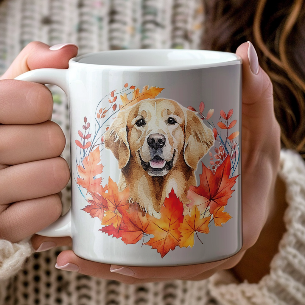 Personalised Golden Retriever in an Autumn wreath - Keepsake Mug, ideal gift for Birthday and Christmas Gift, by Floppsie Moppsie – floppsiemoppsie at floppsiemoppsie.co.uk