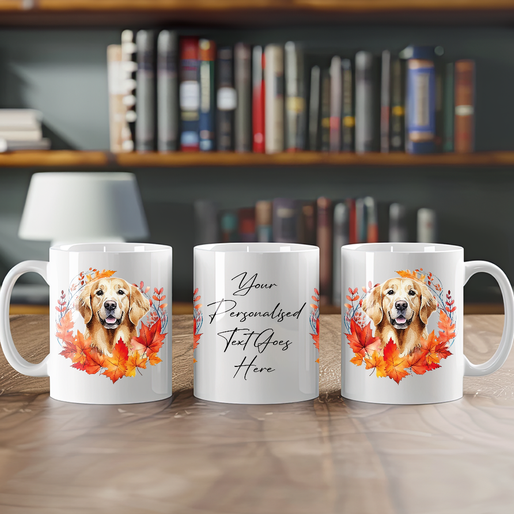 Personalised Golden Retriever in an Autumn wreath - Keepsake Mug, ideal gift for Birthday and Christmas Gift, by Floppsie Moppsie – floppsiemoppsie at floppsiemoppsie.co.uk