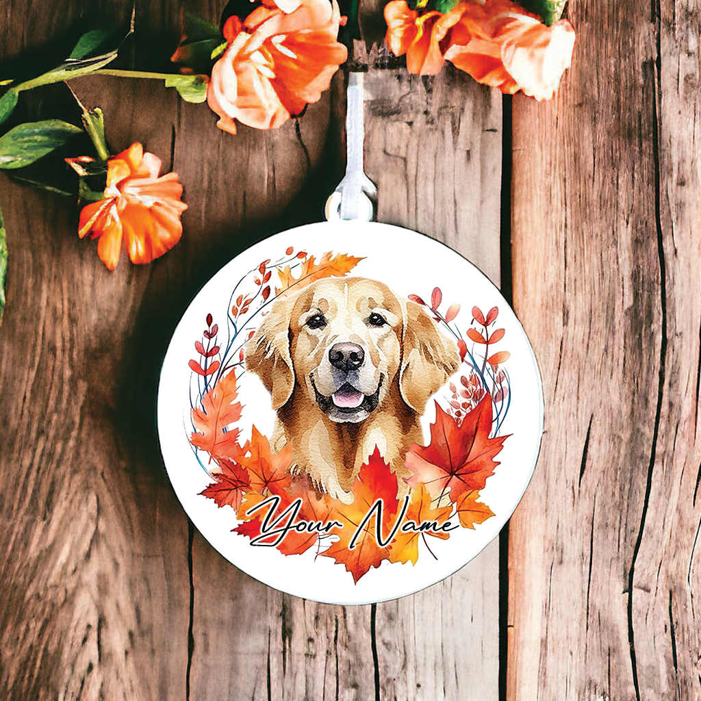 Personalised Dog Golden Retriever in an autumn wreath - Keepsake Gift Hanging Decoration, by Floppsie Moppsie – floppsiemoppsie at floppsiemoppsie.co.uk