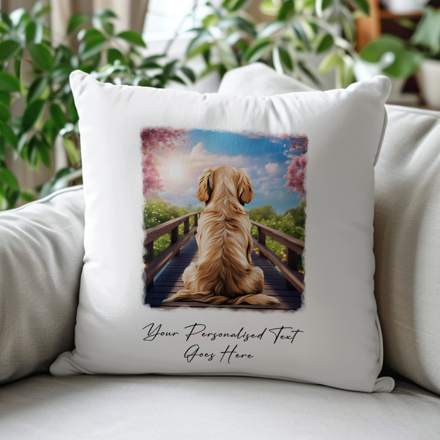 Personalised Golden Retriever – Looking out across a Bridge Pet Gift Cushion, by Floppsie Moppsie – floppsiemoppsie at floppsiemoppsie.co.uk