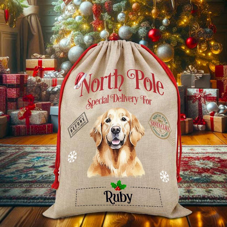 Personalised Dog Golden Retriever – North Pole Special Delivery Santa Sack Pet Gift, by Floppsie Moppsie – floppsiemoppsie at floppsiemoppsie.co.uk