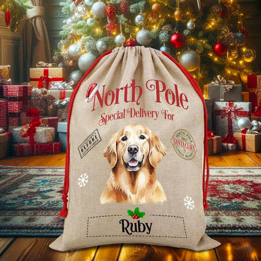 Personalised Dog Golden Retriever – North Pole Special Delivery Santa Sack Pet Gift, by Floppsie Moppsie – floppsiemoppsie at floppsiemoppsie.co.uk