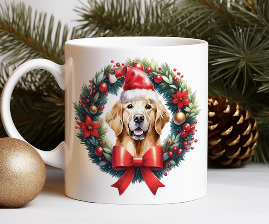 Personalised Golden Retriever Dog Christmas Wreath Gift Mug