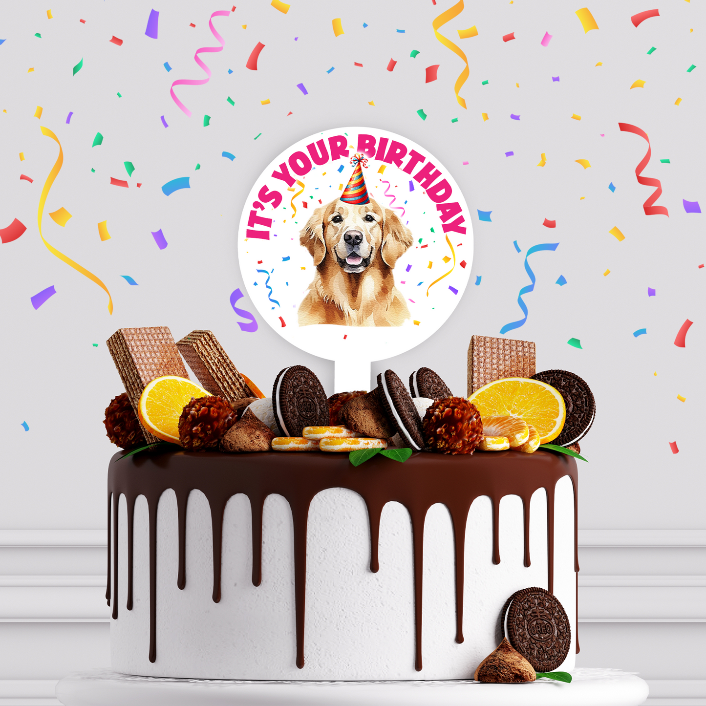 Personalised Dog Party Hat Cake Topper - Golden Retriever