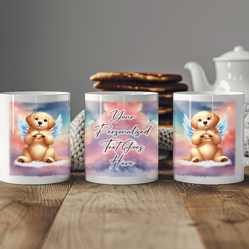 Personalised Dog Memorial Mug of Golden Retriever with wings in clouds making a heart sign - Keepsake Gift Mug, by Floppsie Moppsie – floppsiemoppsie at floppsiemoppsie.co.uk