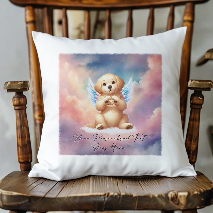 Personalised Dog Memorial Mug of Golden Retriever with wings in clouds making a heart sign - Keepsake Gift Cushion, by Floppsie Moppsie – floppsiemoppsie at floppsiemoppsie.co.uk