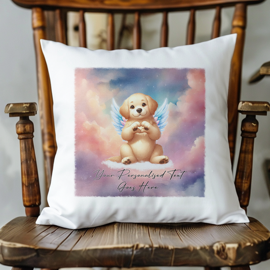 Personalised Dog Memorial Mug of Golden Retriever with wings in clouds making a heart sign - Keepsake Gift Cushion, by Floppsie Moppsie – floppsiemoppsie at floppsiemoppsie.co.uk