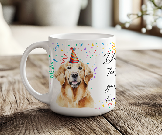 Personalised Dog Gift Mug - Golden Retriever with Birthday Congratulations Party Hat