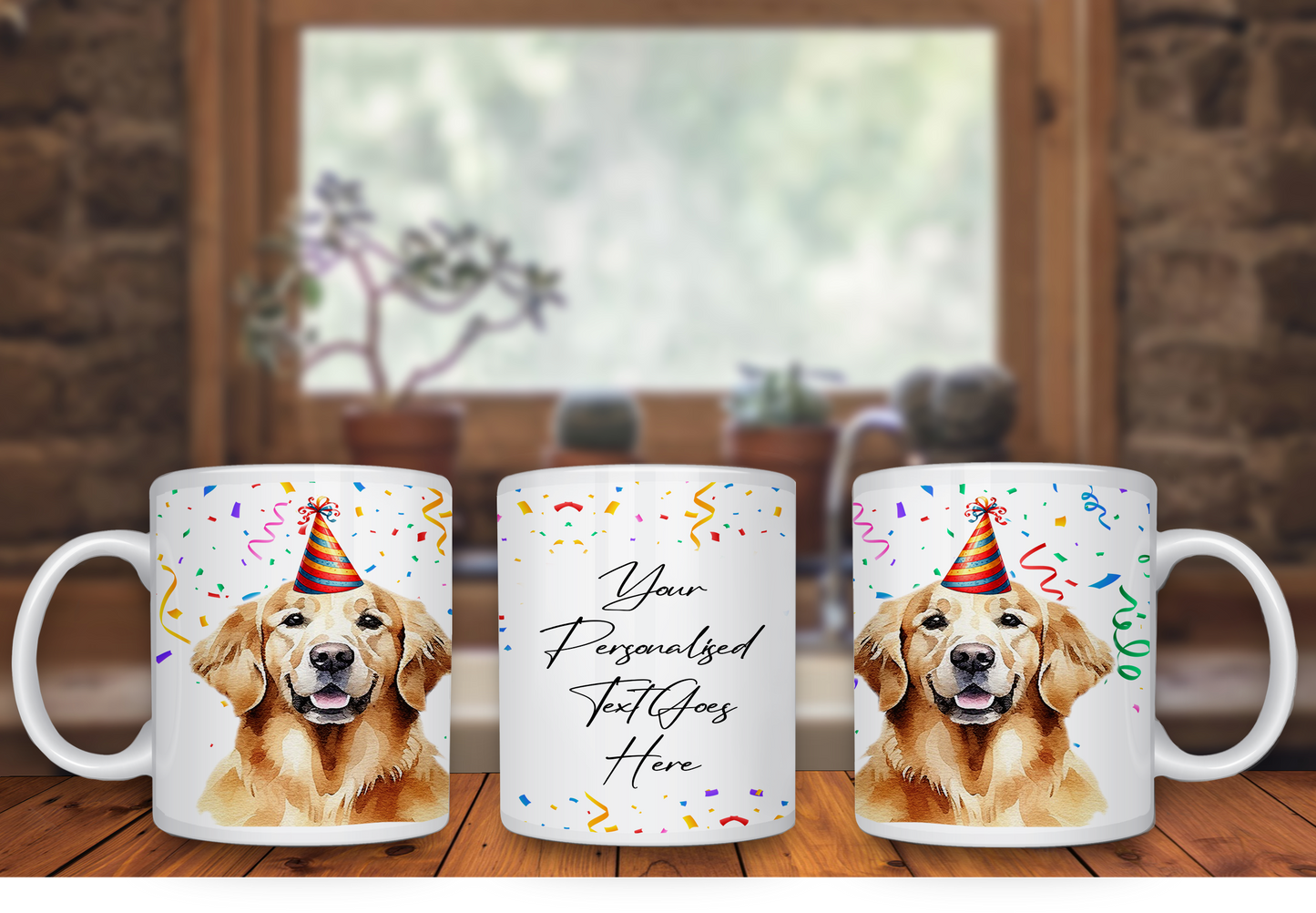 Personalised Dog Gift Mug - Golden Retriever with Birthday Congratulations Party Hat