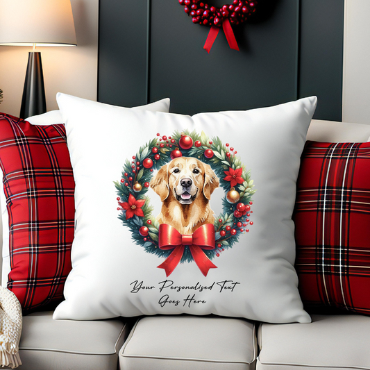 Personalised Golden Retriever in a Christmas wreath - Keepsake Gift cushion, by Floppsie Moppsie – floppsiemoppsie at floppsiemoppsie.co.uk