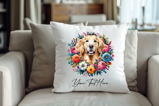 Personalised Floral Summer Pet Dog Wreath with Golden Retriever - Keepsake Gift Cushion, by Floppsie Moppsie – floppsiemoppsie at floppsiemoppsie.co.uk