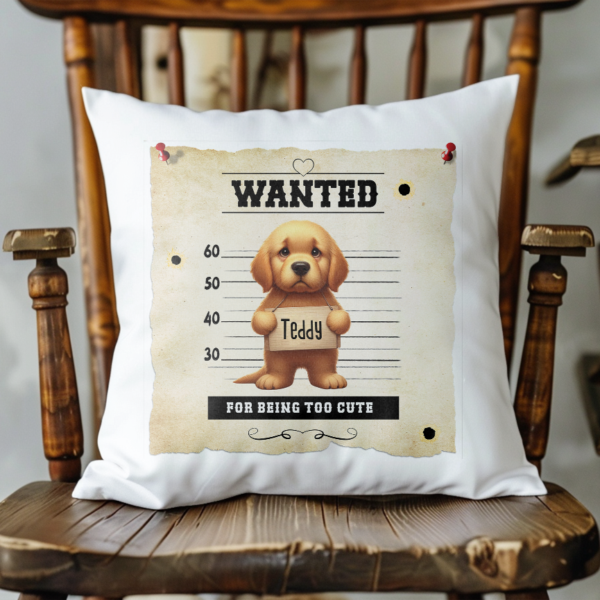 Personalised Dog WANTED Golden Retriever in a line-up - Keepsake Gift Cushion, by Floppsie Moppsie – floppsiemoppsie at floppsiemoppsie.co.uk