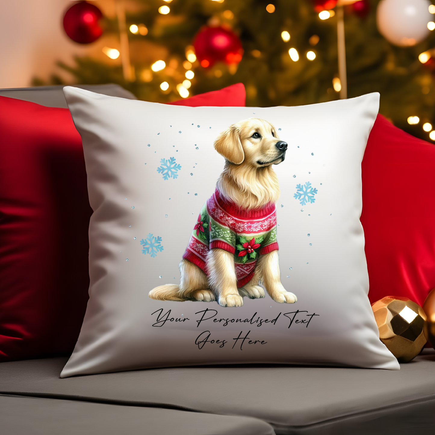 Personalised Golden Retriever Dog Christmas Jumper Cushion Cover Gift - Style B