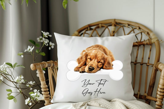 Personalised Golden Retriever sleeping on a bone Pet Dog Keepsake Gift Cushion, by Floppsie Moppsie – floppsiemoppsie at floppsiemoppsie.co.uk