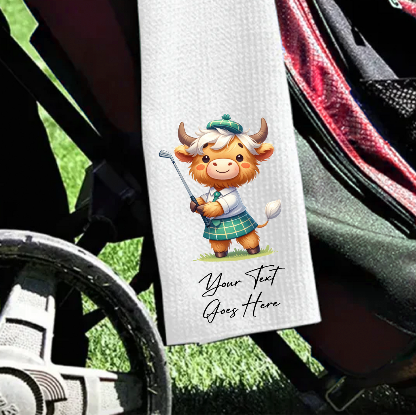 Personalised Golfing Highland Cow - Gift Golf Sports Towel