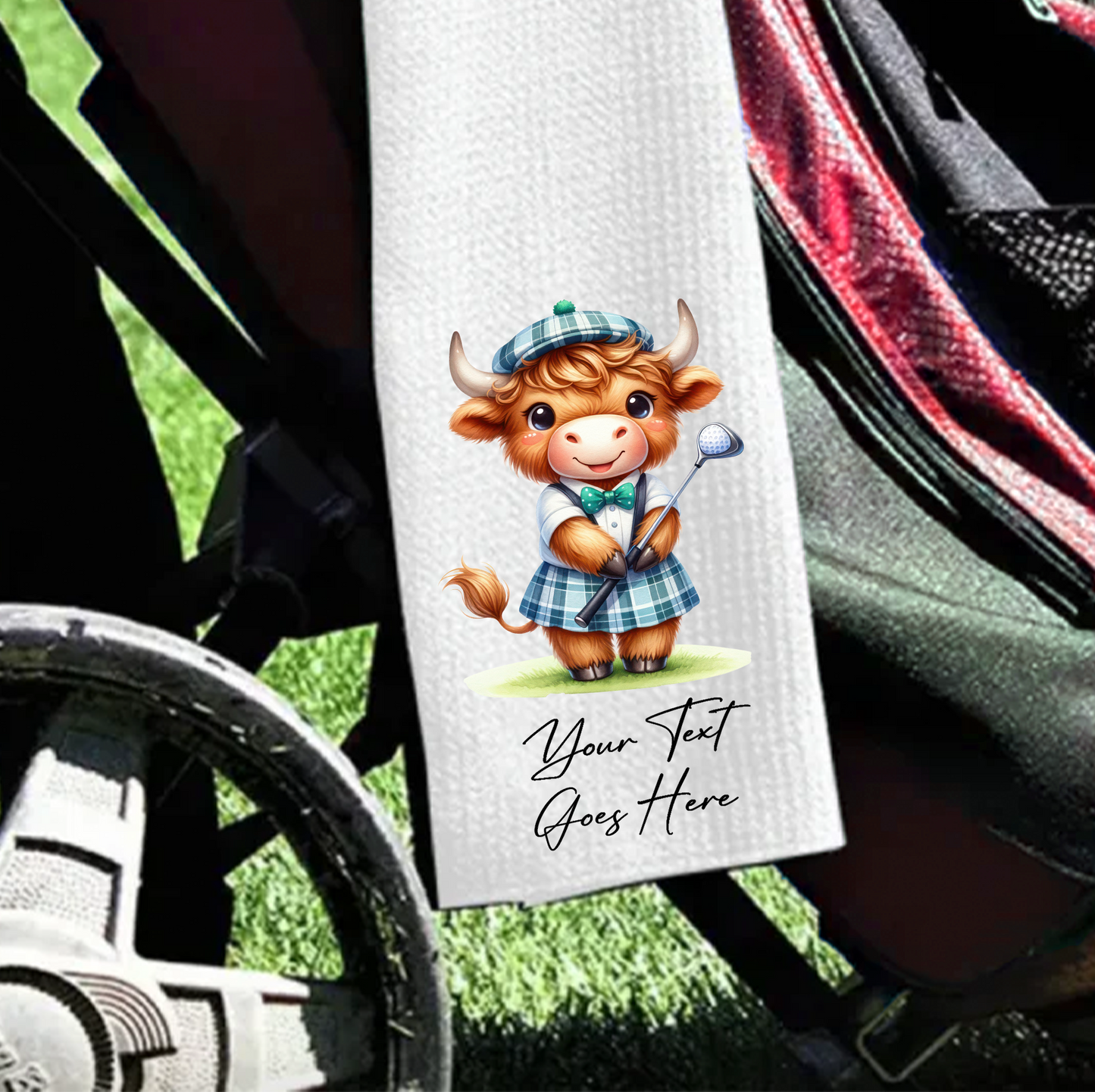 Personalised Highland Cow Golfer - Gift Golf Sports Towel B