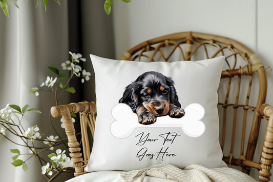 Personalised Gordon Setter sleeping on a bone Pet Dog Keepsake Gift Cushion, by Floppsie Moppsie – floppsiemoppsie at floppsiemoppsie.co.uk