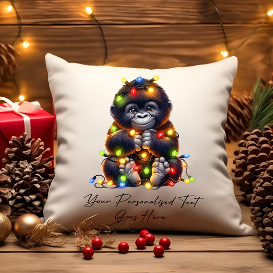 Personalised Gorilla wrapped in Christmas Lights Cushion Cover Gift - Style B