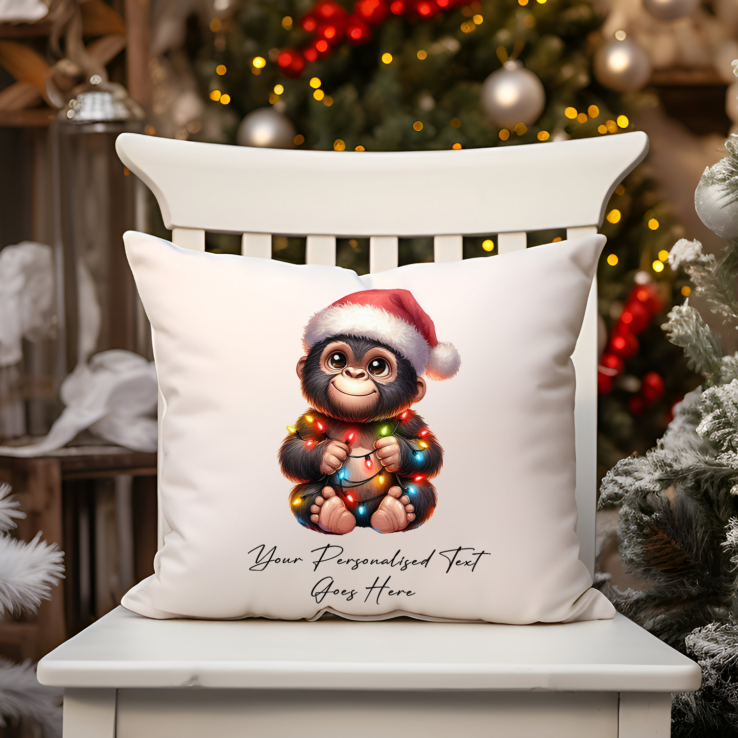 Personalised Monkey wrapped in Christmas Lights Cushion Cover Gift - Style A