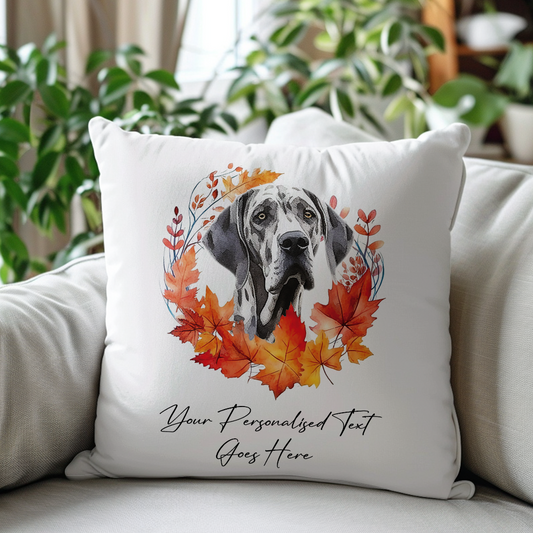 Personalised Great Dane in an Autumn wreath - Keepsake Gift cushion, by Floppsie Moppsie – floppsiemoppsie at floppsiemoppsie.co.uk