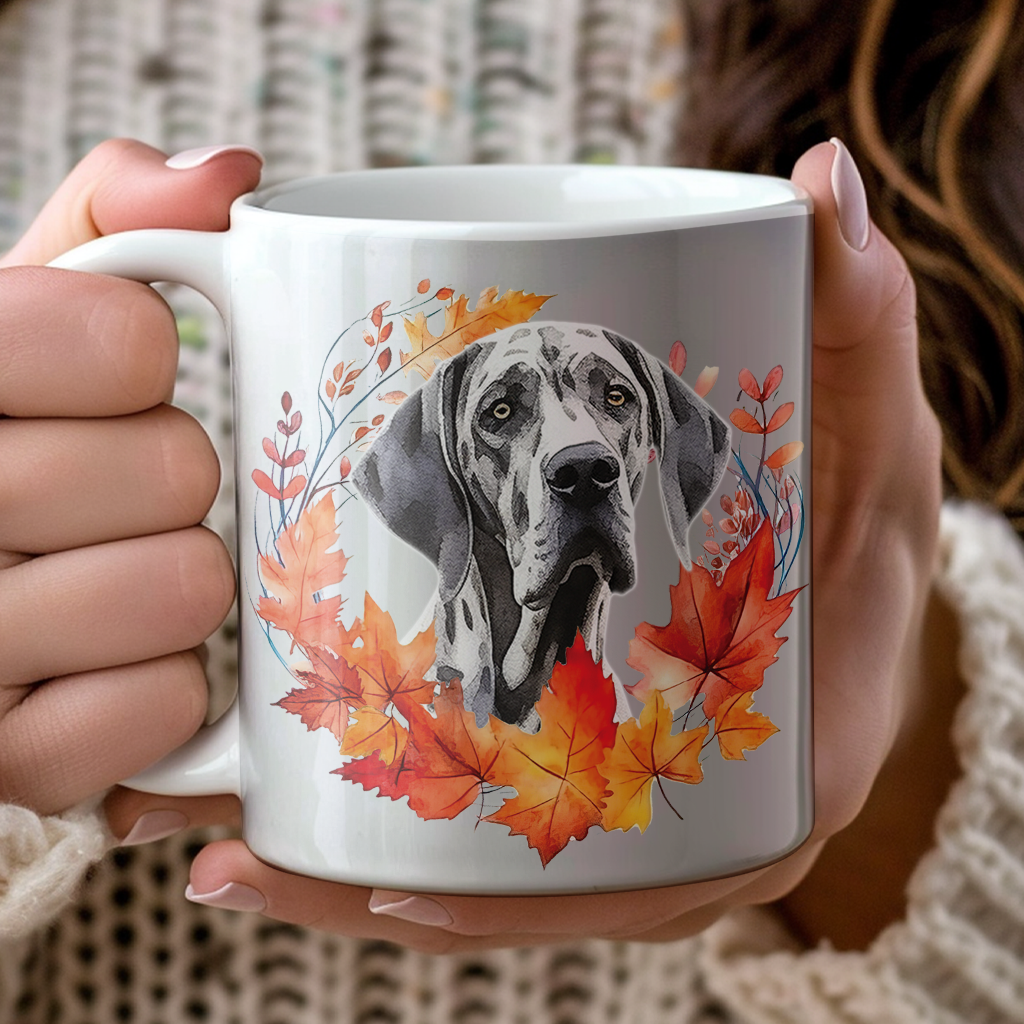 Personalised Great Dane in an Autumn wreath - Keepsake Mug, ideal gift for Birthday and Christmas Gift, by Floppsie Moppsie – floppsiemoppsie at floppsiemoppsie.co.uk