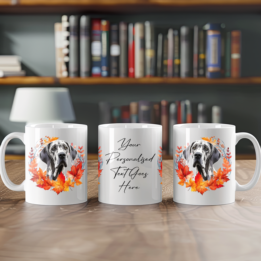 Personalised Great Dane in an Autumn wreath - Keepsake Mug, ideal gift for Birthday and Christmas Gift, by Floppsie Moppsie – floppsiemoppsie at floppsiemoppsie.co.uk