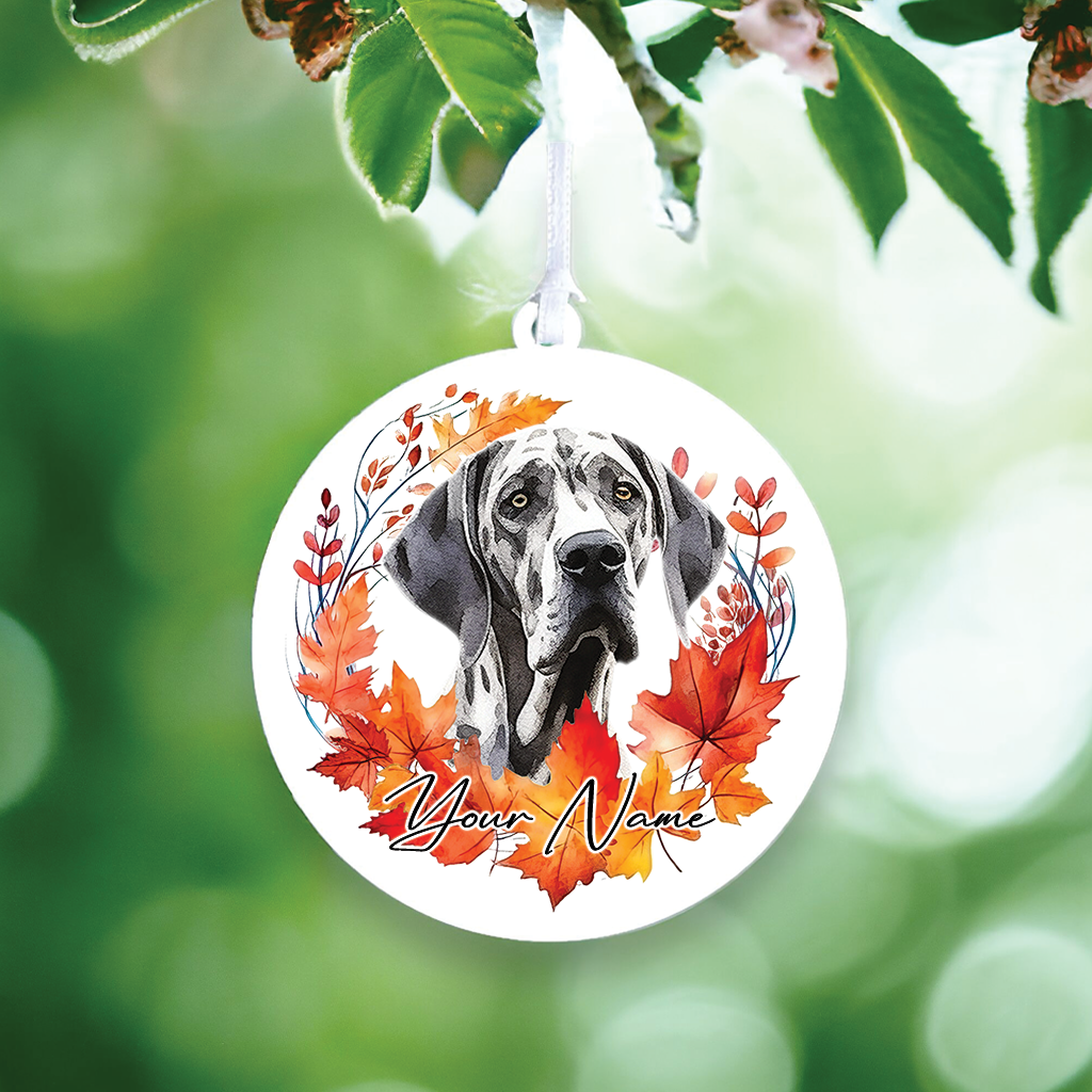 Personalised Dog Great Dane in an autumn wreath - Keepsake Gift Hanging Decoration, by Floppsie Moppsie – floppsiemoppsie at floppsiemoppsie.co.uk