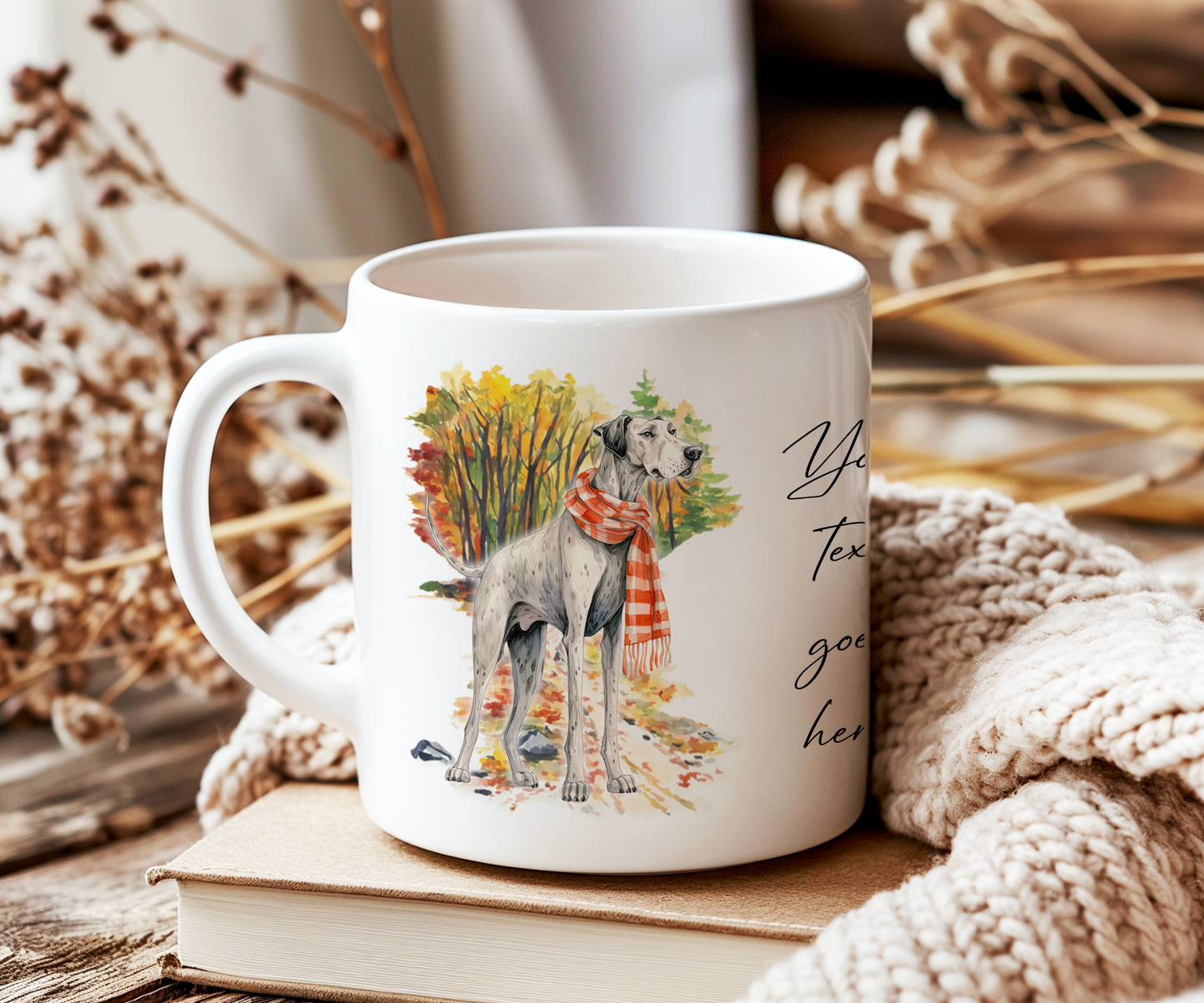 Personalised Great Dane Pet Dog Gift Mug wearing an Autumn scarf on a walk