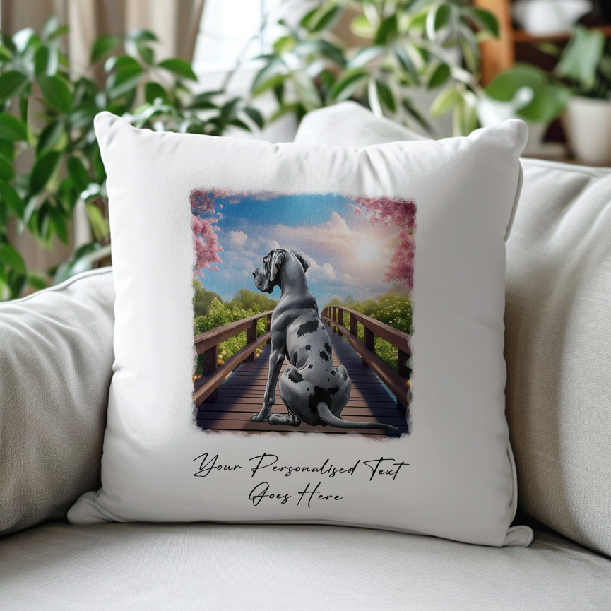 Personalised Great Dane – Looking out across a Bridge Pet Gift Cushion, by Floppsie Moppsie – floppsiemoppsie at floppsiemoppsie.co.uk