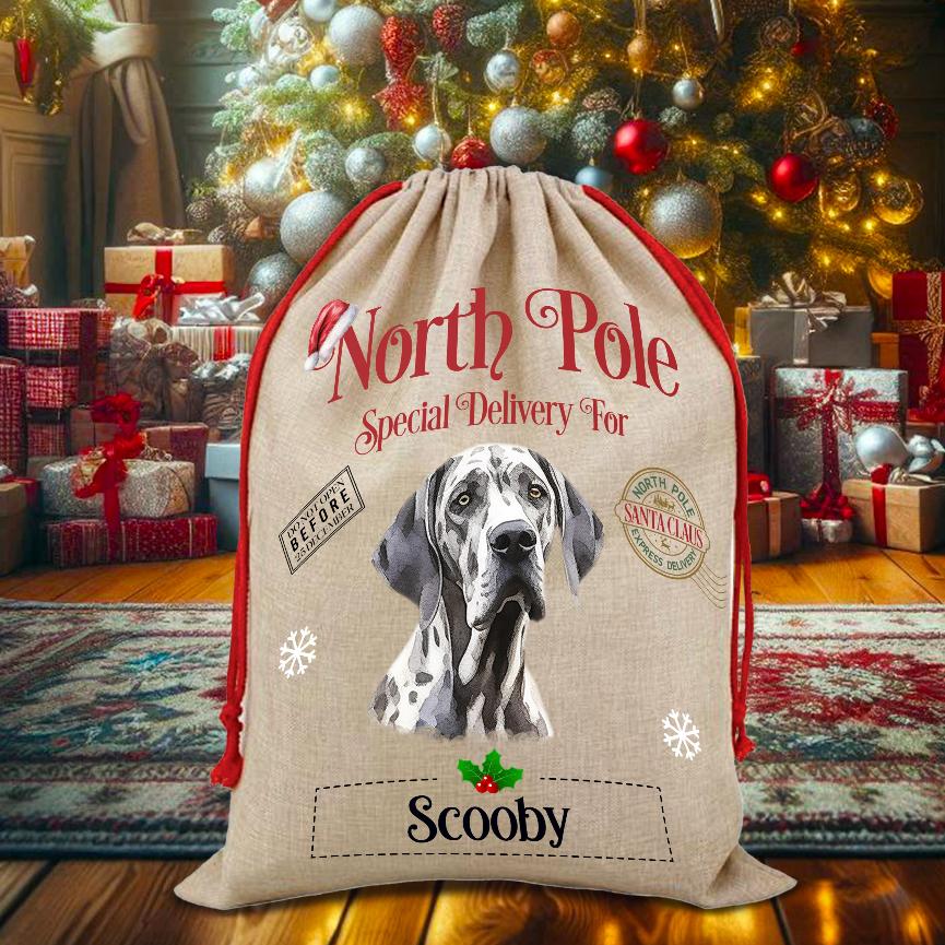 Personalised Dog Great Dane – North Pole Special Delivery Santa Sack Pet Gift, by Floppsie Moppsie – floppsiemoppsie at floppsiemoppsie.co.uk