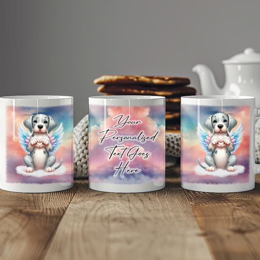 Personalised Dog Memorial Mug of Great Dane with wings in clouds making a heart sign - Keepsake Gift Mug, by Floppsie Moppsie – floppsiemoppsie at floppsiemoppsie.co.uk