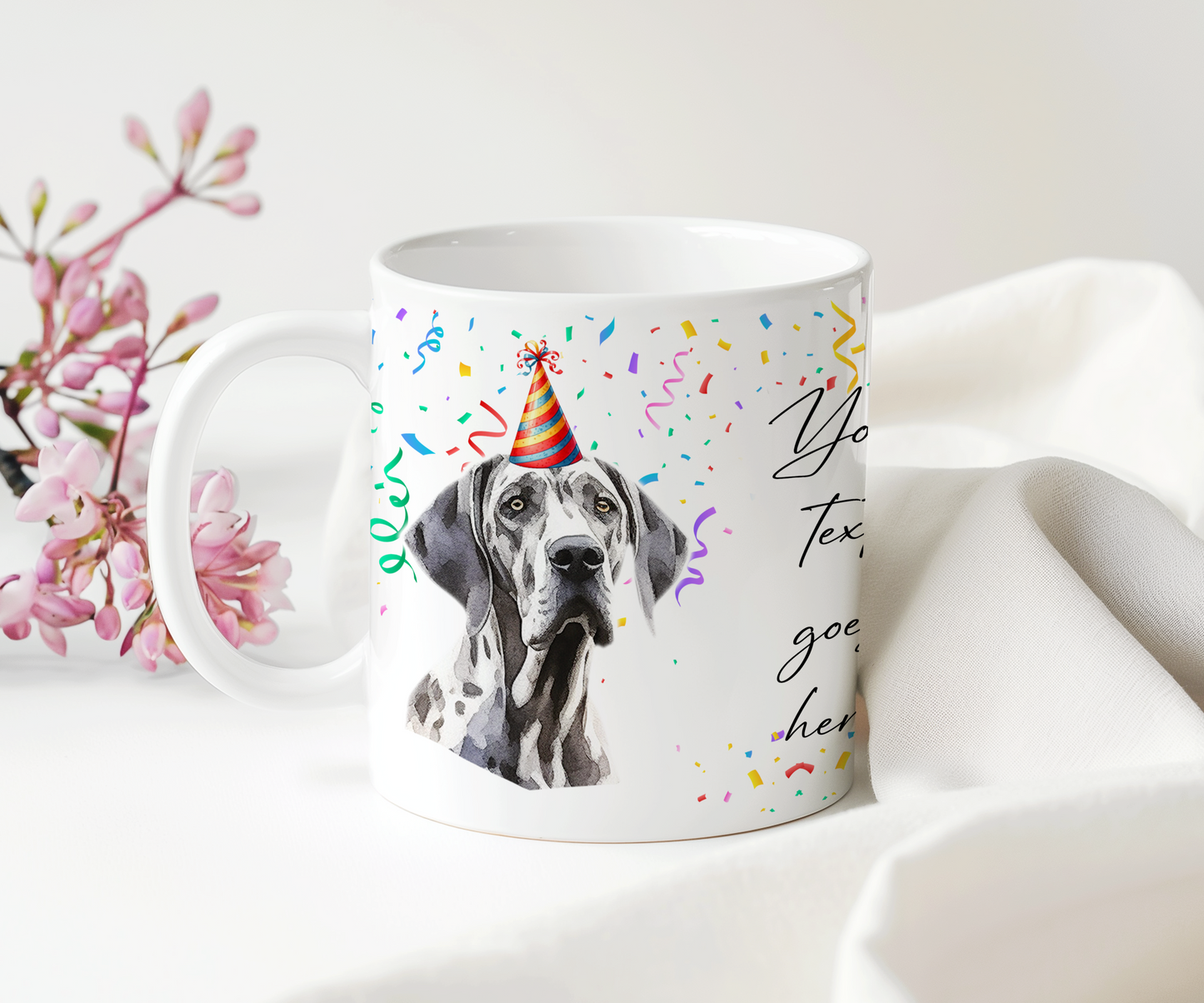 Personalised Dog Gift Mug - Great Dane with Birthday Congratulations Party Hat