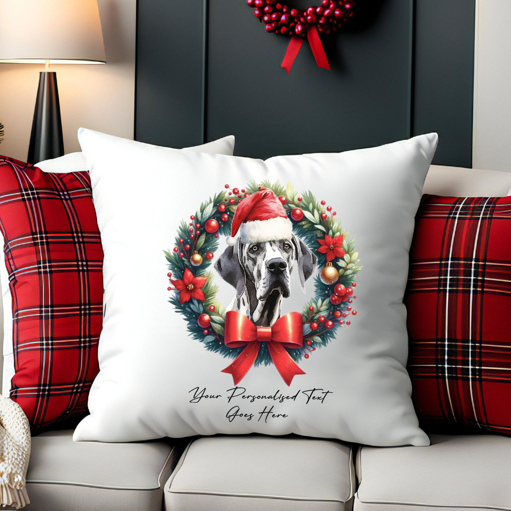 Personalised Great Dane with Santa Hat in a Christmas wreath - Keepsake Gift cushion, by Floppsie Moppsie – floppsiemoppsie at floppsiemoppsie.co.uk