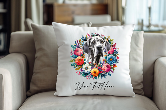 Personalised Floral Summer Pet Dog Wreath with Great Dane - Keepsake Gift Cushion, by Floppsie Moppsie – floppsiemoppsie at floppsiemoppsie.co.uk