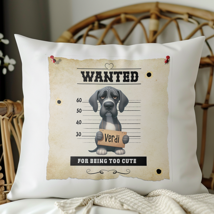 Personalised Dog WANTED Great Dane in a line-up - Keepsake Gift Cushion, by Floppsie Moppsie – floppsiemoppsie at floppsiemoppsie.co.uk